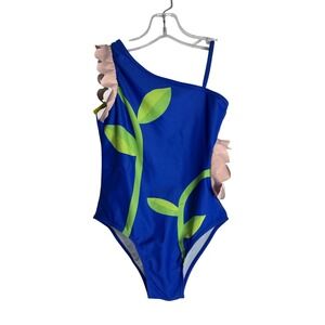 Mini‎ Berni Girls One Shoulder Ruffle Leaf Print Swimsuit Blue Size 6-7Y